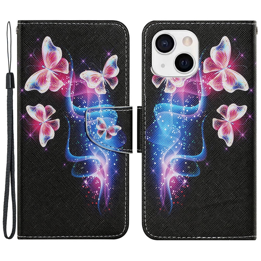 Full Protection Pattern-Printing Leather Case Phone Protective Cover Shell for iPhone 13 mini 5.4 inch - Pink/Blue Butterfly