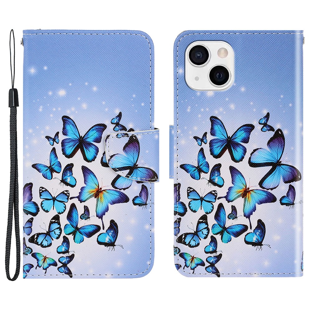 Magnetic Clasp Pattern-Printing Leather Case Phone Wallet Stand Cover for iPhone 13 mini 5.4 inch - Blue Butterfly