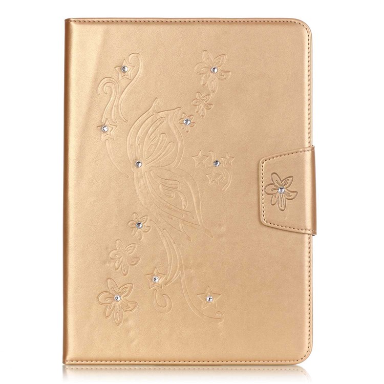 For iPad Pro 9.7 inch Imprint Flower Rhinestone Smart Leather Protector Case - Gold-1