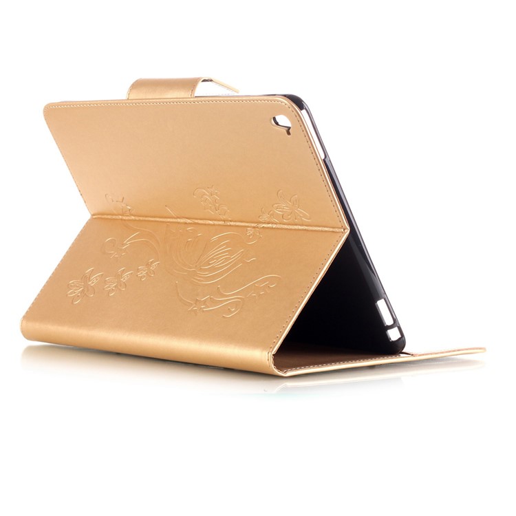 For iPad Pro 9.7 inch Imprint Flower Rhinestone Smart Leather Protector Case - Gold-4