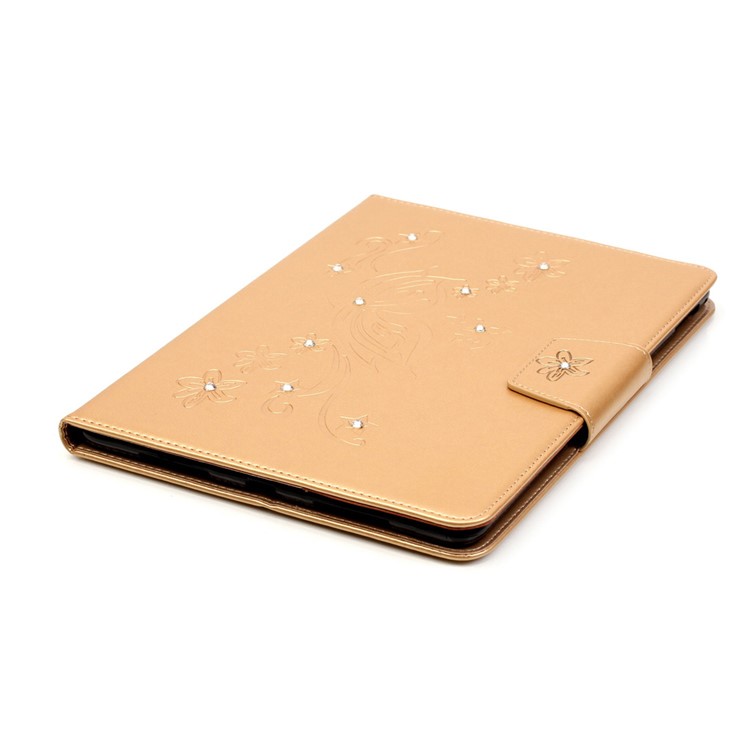 For iPad Pro 9.7 inch Imprint Flower Rhinestone Smart Leather Protector Case - Gold-5