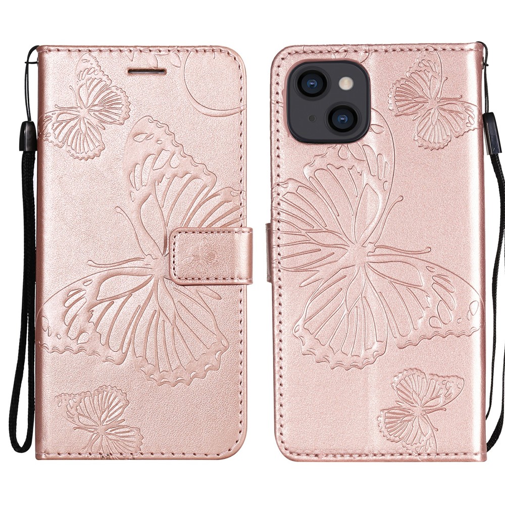 For iPhone 13 mini Wallet Case Floral Butterfly Imprinted Leather Phone Cover Stand - Rose Gold