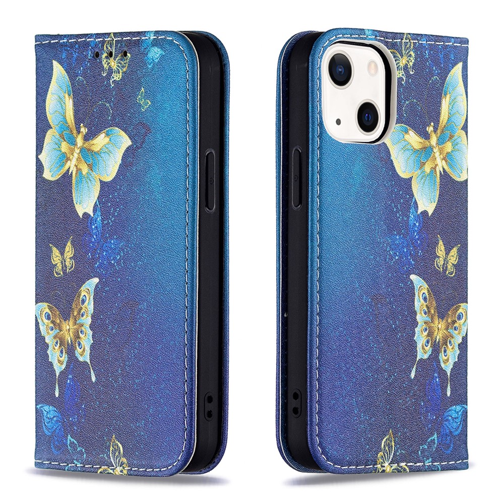 Pattern Printing Magnetic Auto-absorbed Leather Case Wallet Stand Phone Cover for iPhone 13 mini 5.4 inch - Golden Butterfly