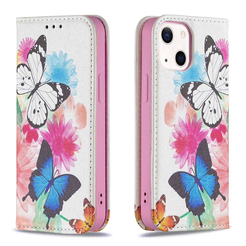 Pattern Printing Magnetic Auto-absorbed Leather Case Wallet Stand Phone Cover for iPhone 13 mini 5.4 inch - Butterflies