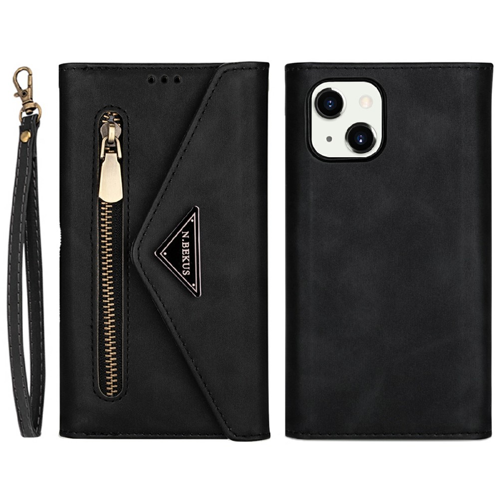 Full Protection Leather Zipper Wallet Design Skin Feeling Phone Case with Stand and Strap for iPhone 13 mini 5.4 inch - Black