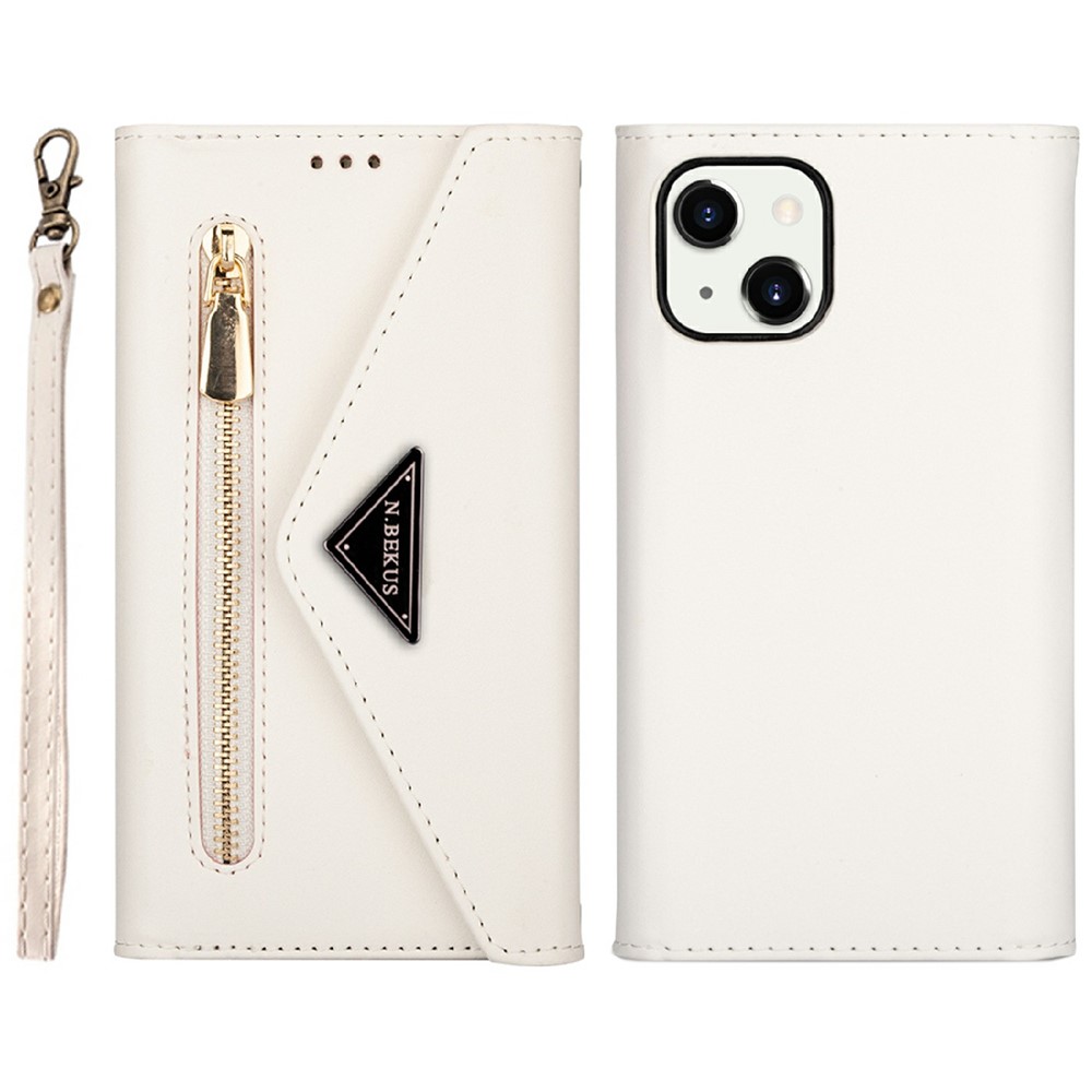 Full Protection Leather Zipper Wallet Design Skin Feeling Phone Case with Stand and Strap for iPhone 13 mini 5.4 inch - White