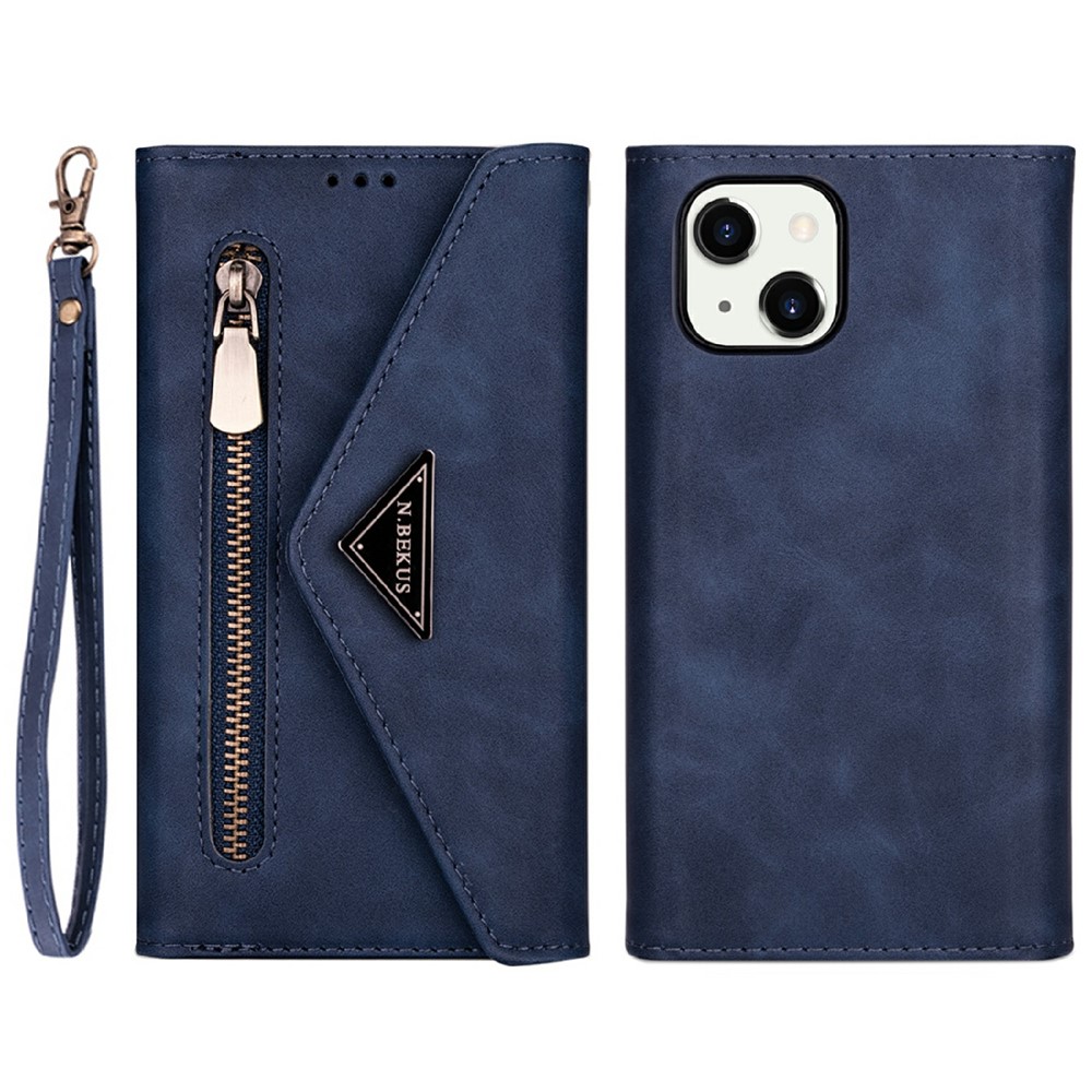 Full Protection Leather Zipper Wallet Design Skin Feeling Phone Case with Stand and Strap for iPhone 13 mini 5.4 inch - Blue