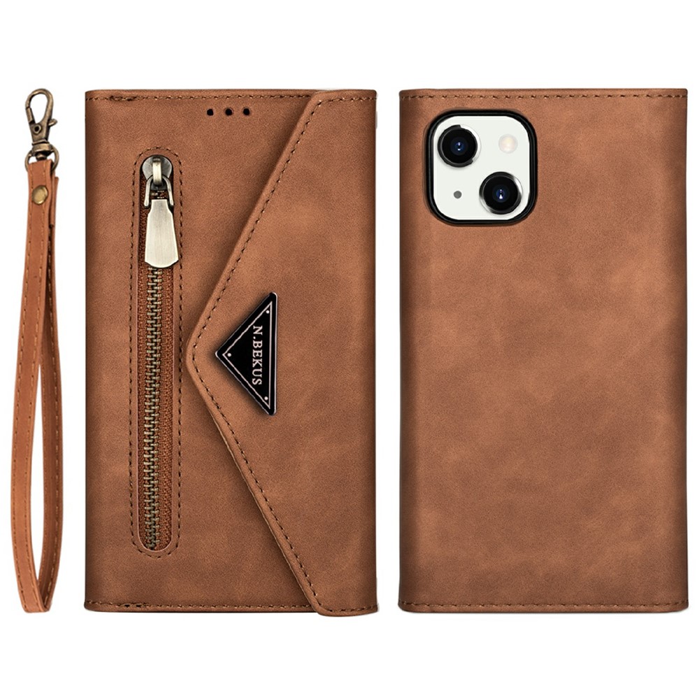 Full Protection Leather Zipper Wallet Design Skin Feeling Phone Case with Stand and Strap for iPhone 13 mini 5.4 inch - Brown