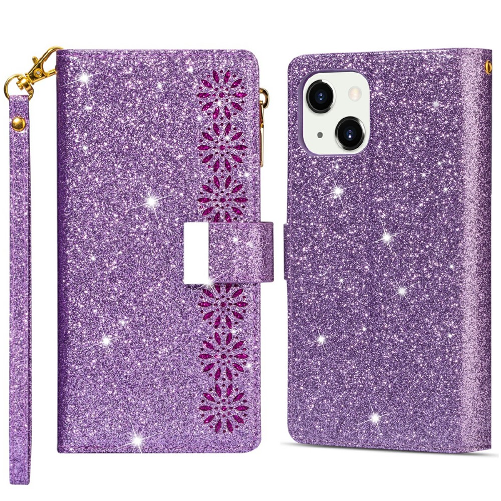 Glittery Starry Style Laser Carving Zipper Wallet Stand Leather Phone Case for iPhone 13 mini 5.4 inch - Purple