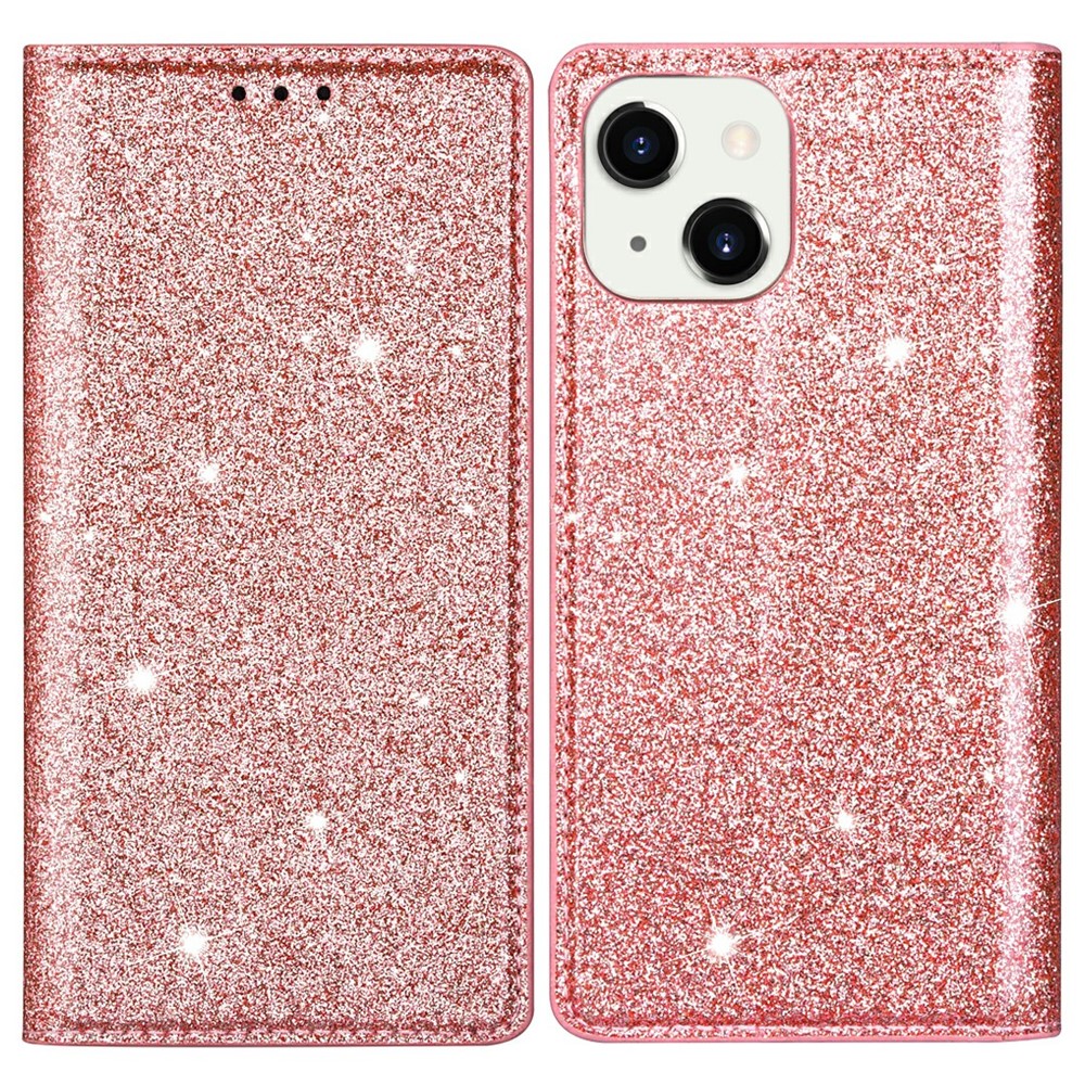 Glitter Sequins Auto-absorbed Ultra-thin Leather Stand Case Cover for iPhone 13 mini 5.4 inch - Rose Gold