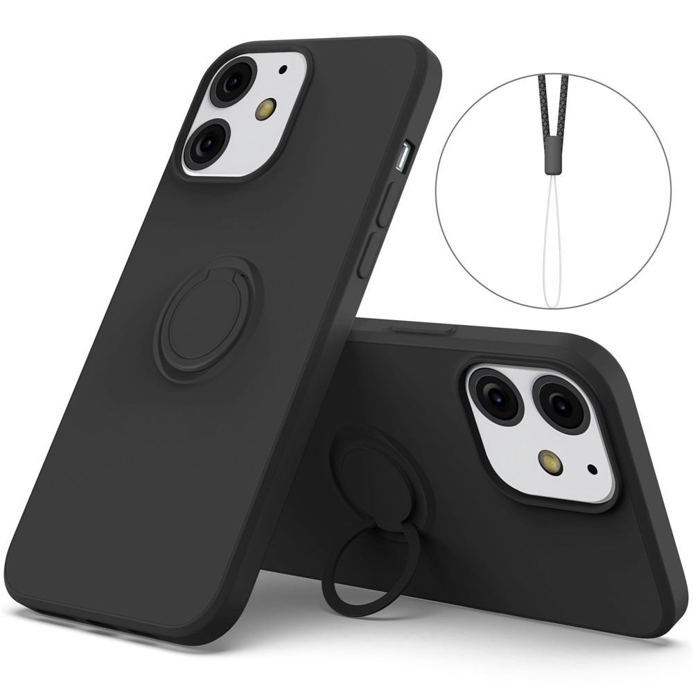 360° Rotary Ring Kickstand Design Drop-Resistant Eco-Friendly Liquid Silicone Phone Protective Case Shell with Handy Strap for iPhone 13 mini 5.4 inch - Black