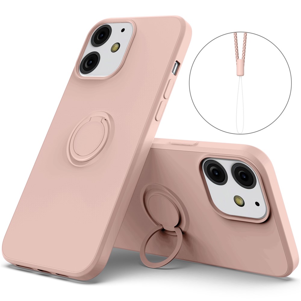 360° Rotary Ring Kickstand Design Drop-Resistant Eco-Friendly Liquid Silicone Phone Protective Case Shell with Handy Strap for iPhone 13 mini 5.4 inch - Pink