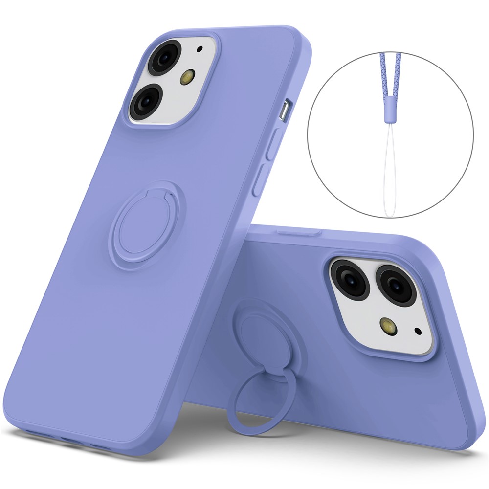360° Rotary Ring Kickstand Design Drop-Resistant Eco-Friendly Liquid Silicone Phone Protective Case Shell with Handy Strap for iPhone 13 mini 5.4 inch - Purple