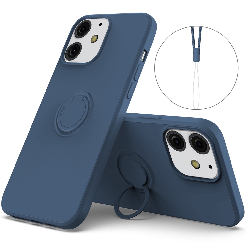 360° Rotary Ring Kickstand Design Drop-Resistant Eco-Friendly Liquid Silicone Phone Protective Case Shell with Handy Strap for iPhone 13 mini 5.4 inch - Midnight Blue