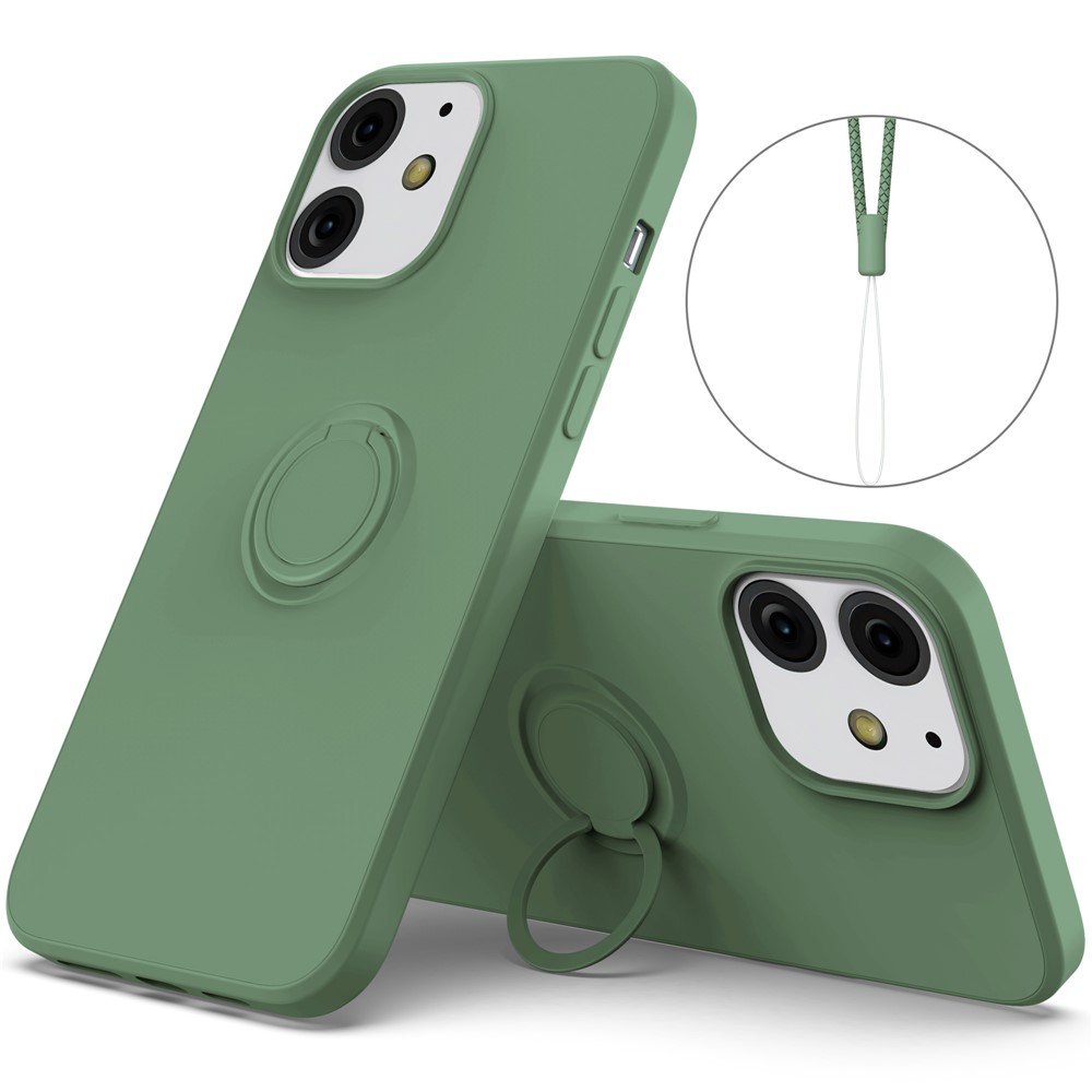 360° Rotary Ring Kickstand Design Drop-Resistant Eco-Friendly Liquid Silicone Phone Protective Case Shell with Handy Strap for iPhone 13 mini 5.4 inch - Green