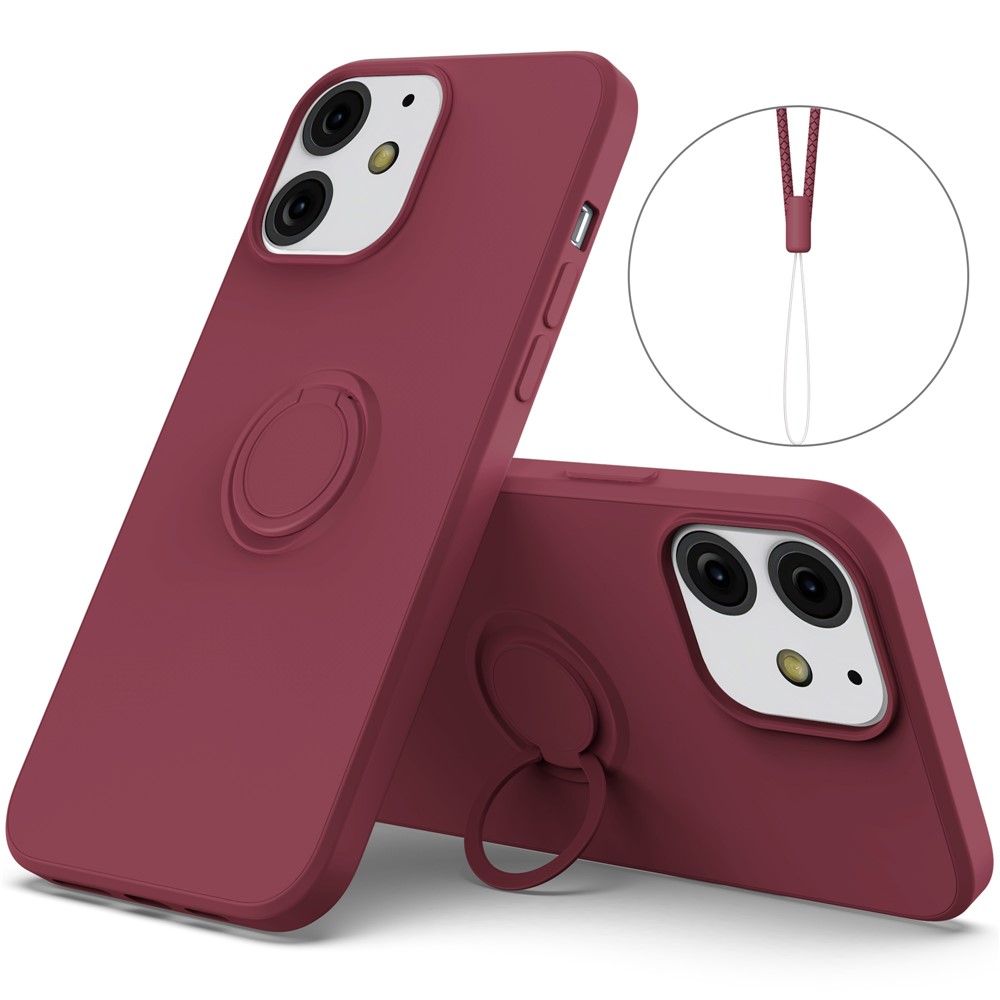 360° Rotary Ring Kickstand Design Drop-Resistant Eco-Friendly Liquid Silicone Phone Protective Case Shell with Handy Strap for iPhone 13 mini 5.4 inch - Wine Red