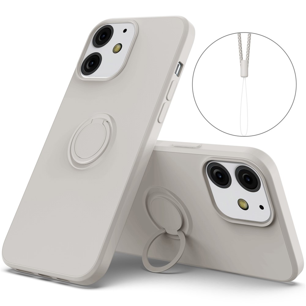 360° Rotary Ring Kickstand Design Drop-Resistant Eco-Friendly Liquid Silicone Phone Protective Case Shell with Handy Strap for iPhone 13 mini 5.4 inch - Grey
