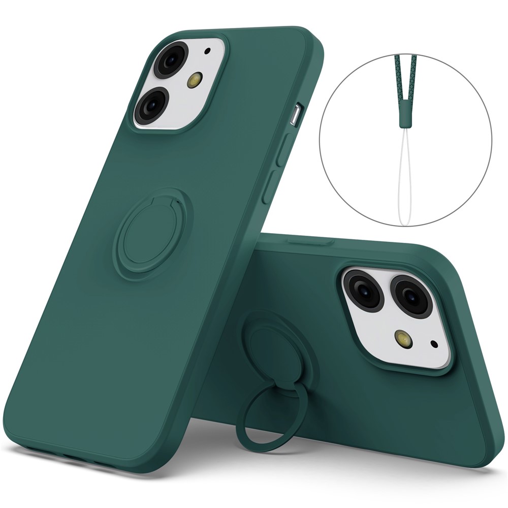 360° Rotary Ring Kickstand Design Drop-Resistant Eco-Friendly Liquid Silicone Phone Protective Case Shell with Handy Strap for iPhone 13 mini 5.4 inch - Blackish Green