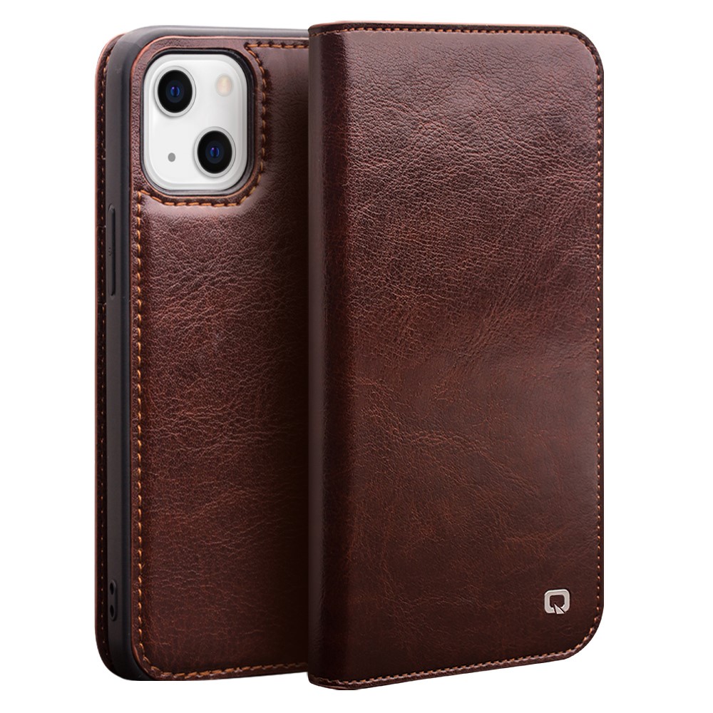 QIALINO For iPhone 13 mini 5.4 inch Top Layer Cowhide Leather All-round Protection Phone Case Stand Shell with Wallet - Brown