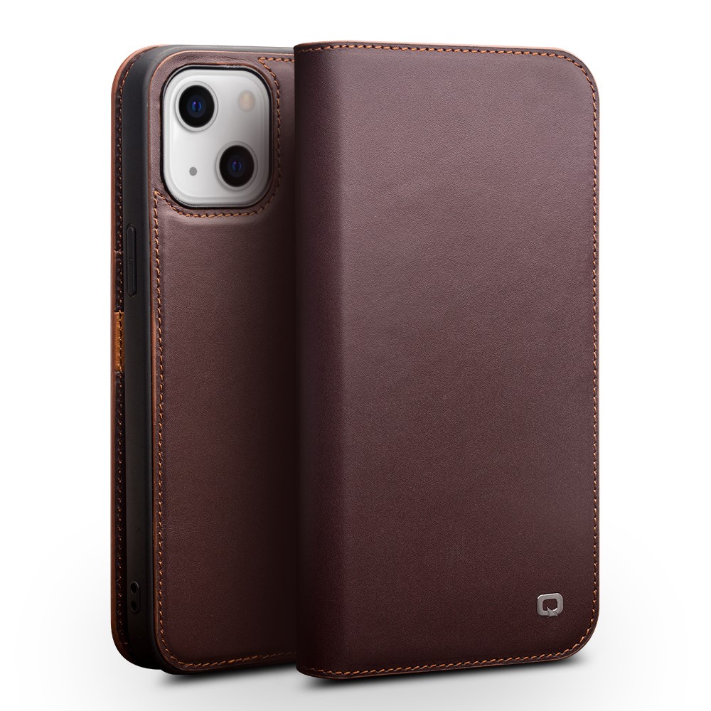 QIALINO Top Layer Cowhide Leather Full Protection Stand Wallet Design Phone Cover Protector for iPhone 13 mini 5.4 inch - Brown