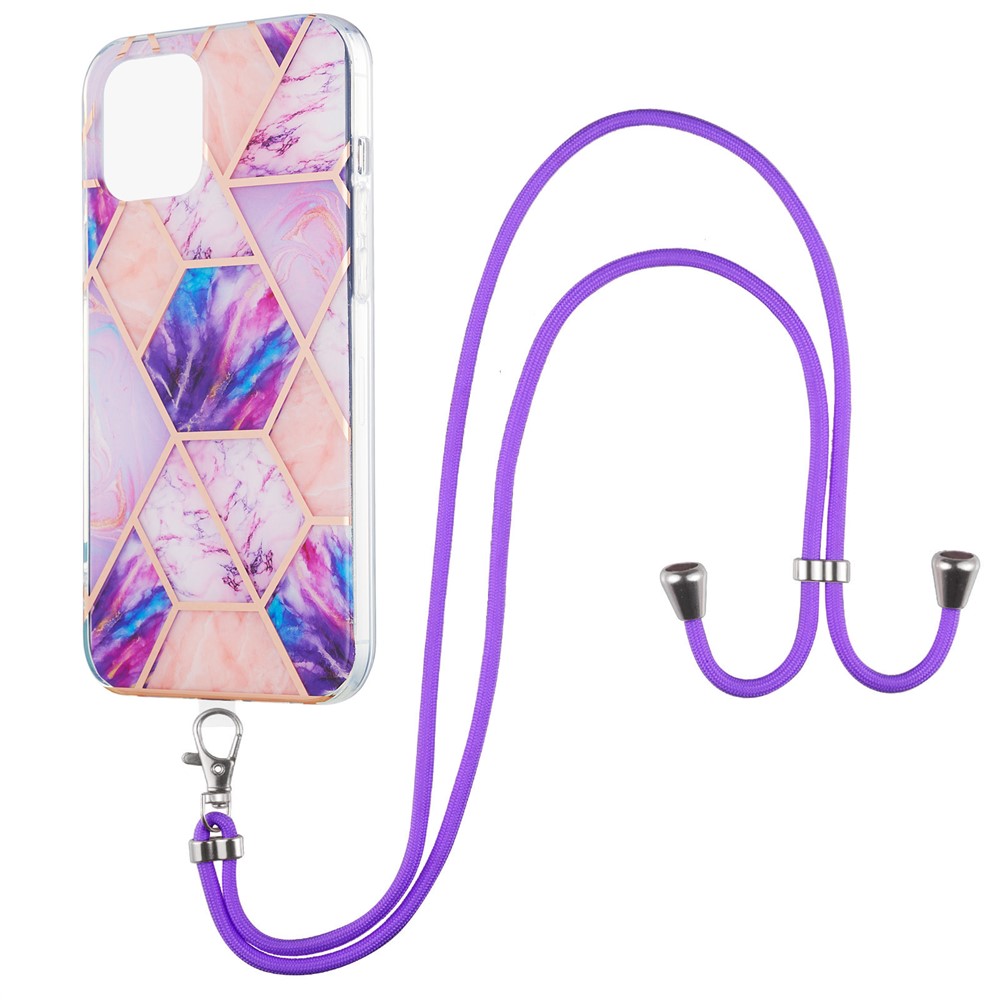 Marble Splicing Pattern 2.0mm Ultra Slim Thin Double-sided IMD Electroplating Soft Shockproof TPU Cover with Lanyard for iPhone 13 mini 5.4 inch - Light Purple