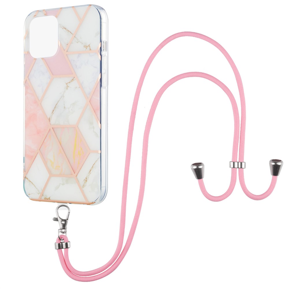 Marble Splicing Pattern 2.0mm Ultra Slim Thin Double-sided IMD Electroplating Soft Shockproof TPU Cover with Lanyard for iPhone 13 mini 5.4 inch - Pink/White