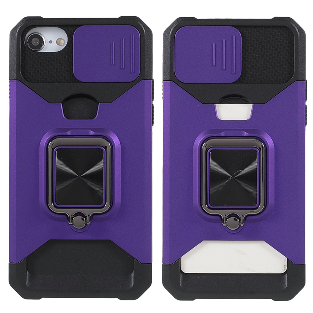 Camera Slider Protector Design Hybrid Phone Case Shell with Card Holder and Kickstand for iPhone 6/7/8/SE (2nd Generation) - Purple-1
