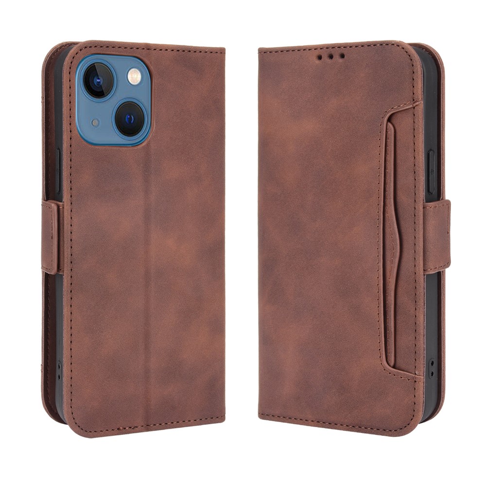 Multiple Card Slot Design Magnetic Closure Leather Cell Phone Cover with Stand for iPhone 13 mini 5.4 inch - Brown