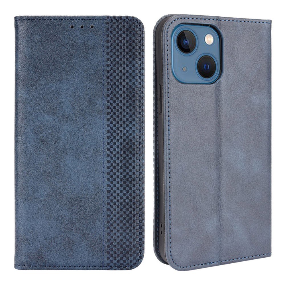 Auto-absorbed Vintage Style Full Protection Wallet Design PU Leather Phone Case with Stand for iPhone 13 mini 5.4 inch - Blue