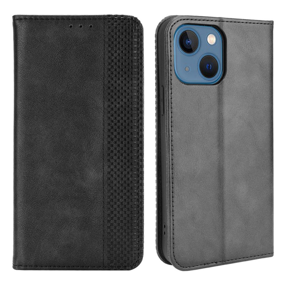 Auto-absorbed Vintage Style Full Protection Wallet Design PU Leather Phone Case with Stand for iPhone 13 mini 5.4 inch - Black