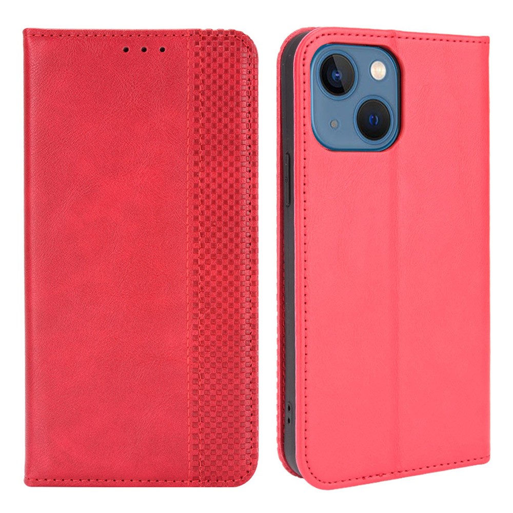 Auto-absorbed Vintage Style Full Protection Wallet Design PU Leather Phone Case with Stand for iPhone 13 mini 5.4 inch - Red