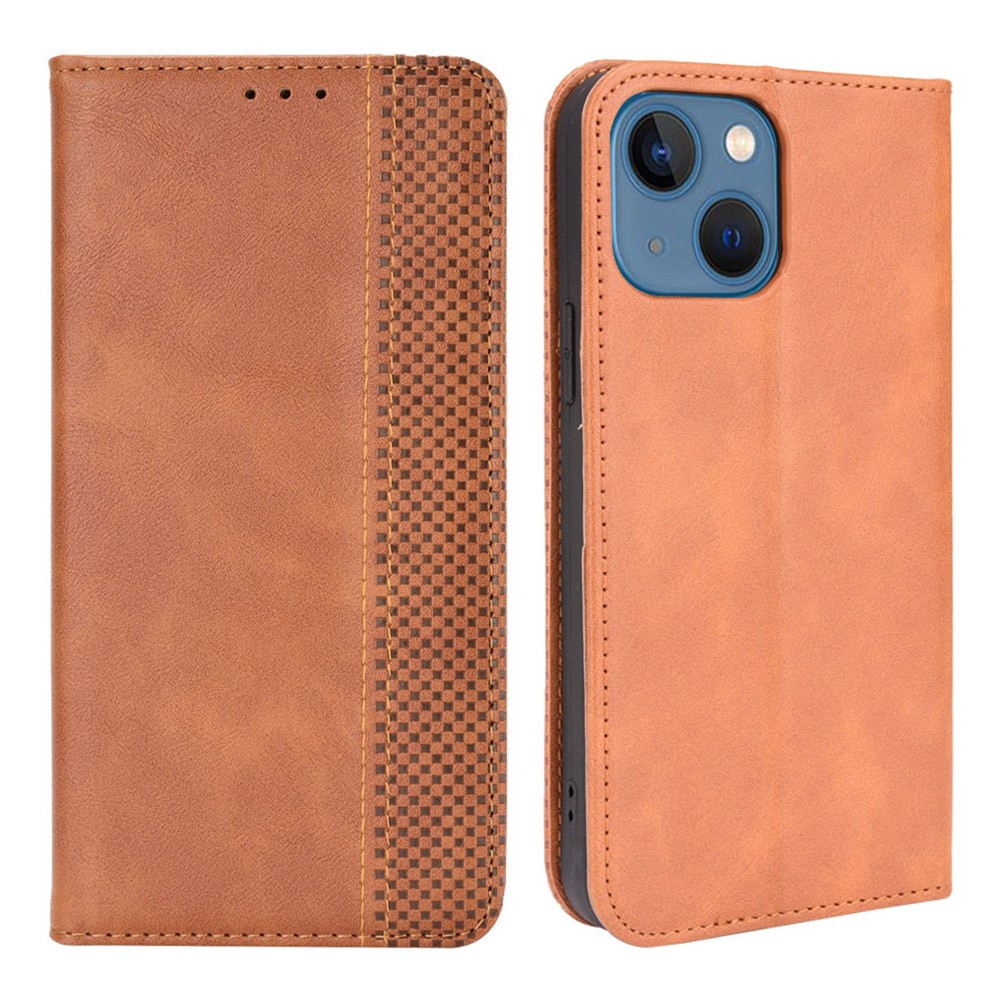 Auto-absorbed Vintage Style Full Protection Wallet Design PU Leather Phone Case with Stand for iPhone 13 mini 5.4 inch - Brown