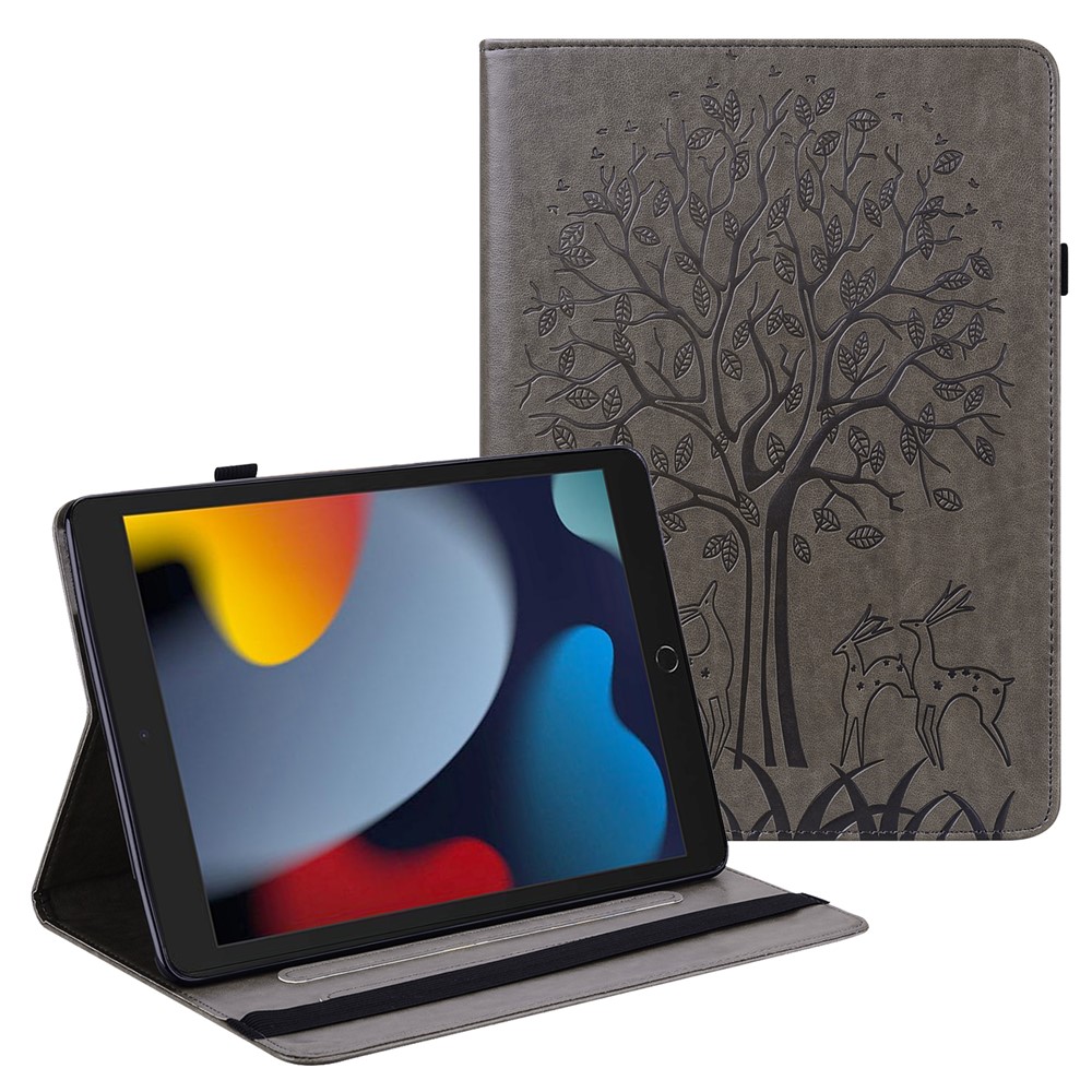 Shock-Proof Tree and Deer Pattern Imprinting Delicate Leather Stand Tablet Cover for iPad 10.2 (2021)/(2020)/(2019) - Grey