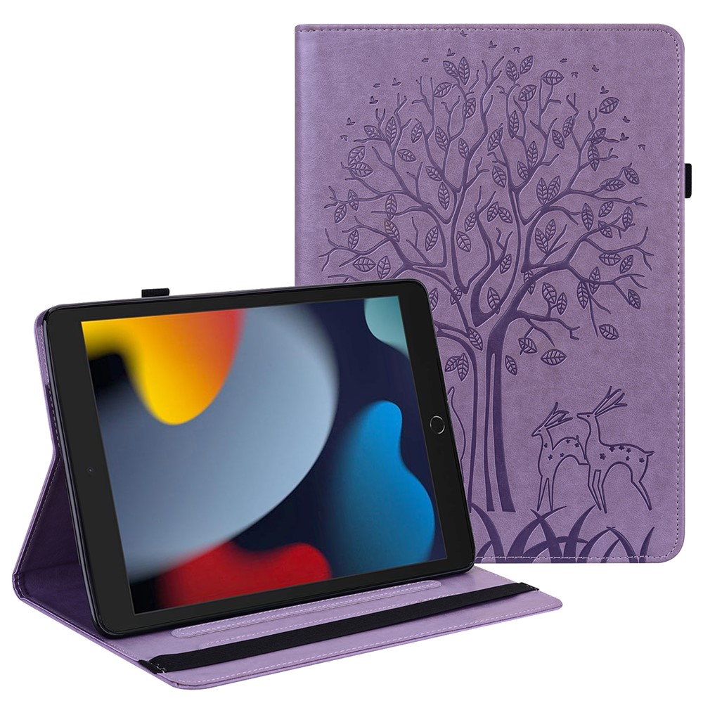Shock-Proof Tree and Deer Pattern Imprinting Delicate Leather Stand Tablet Cover for iPad 10.2 (2021)/(2020)/(2019) - Purple
