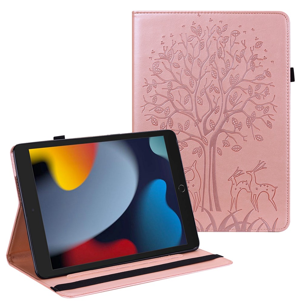 Shock-Proof Tree and Deer Pattern Imprinting Delicate Leather Stand Tablet Cover for iPad 10.2 (2021)/(2020)/(2019) - Rose Gold