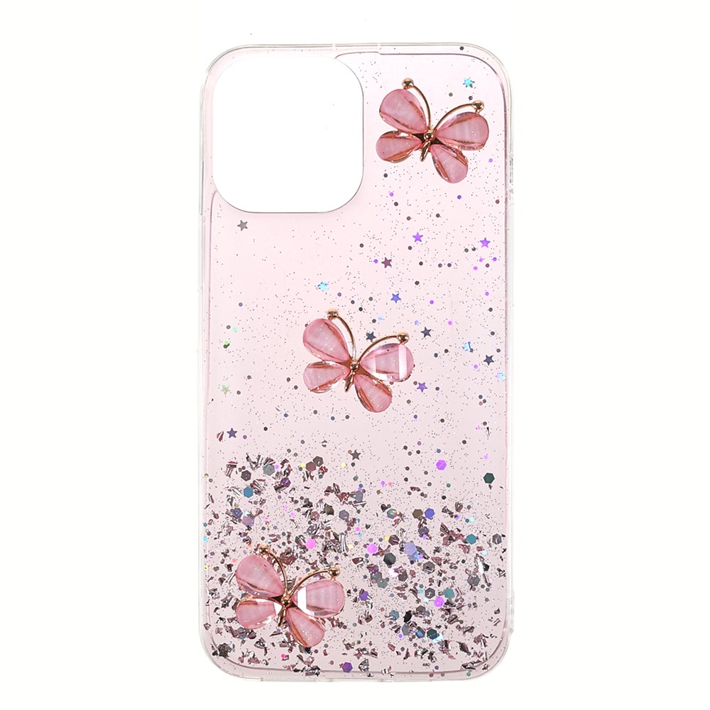 Sparkle Glitter 3D Butterfly Pattern Epoxy Soft TPU Phone Cover Case for iPhone 13 mini 5.4 inch - Pink