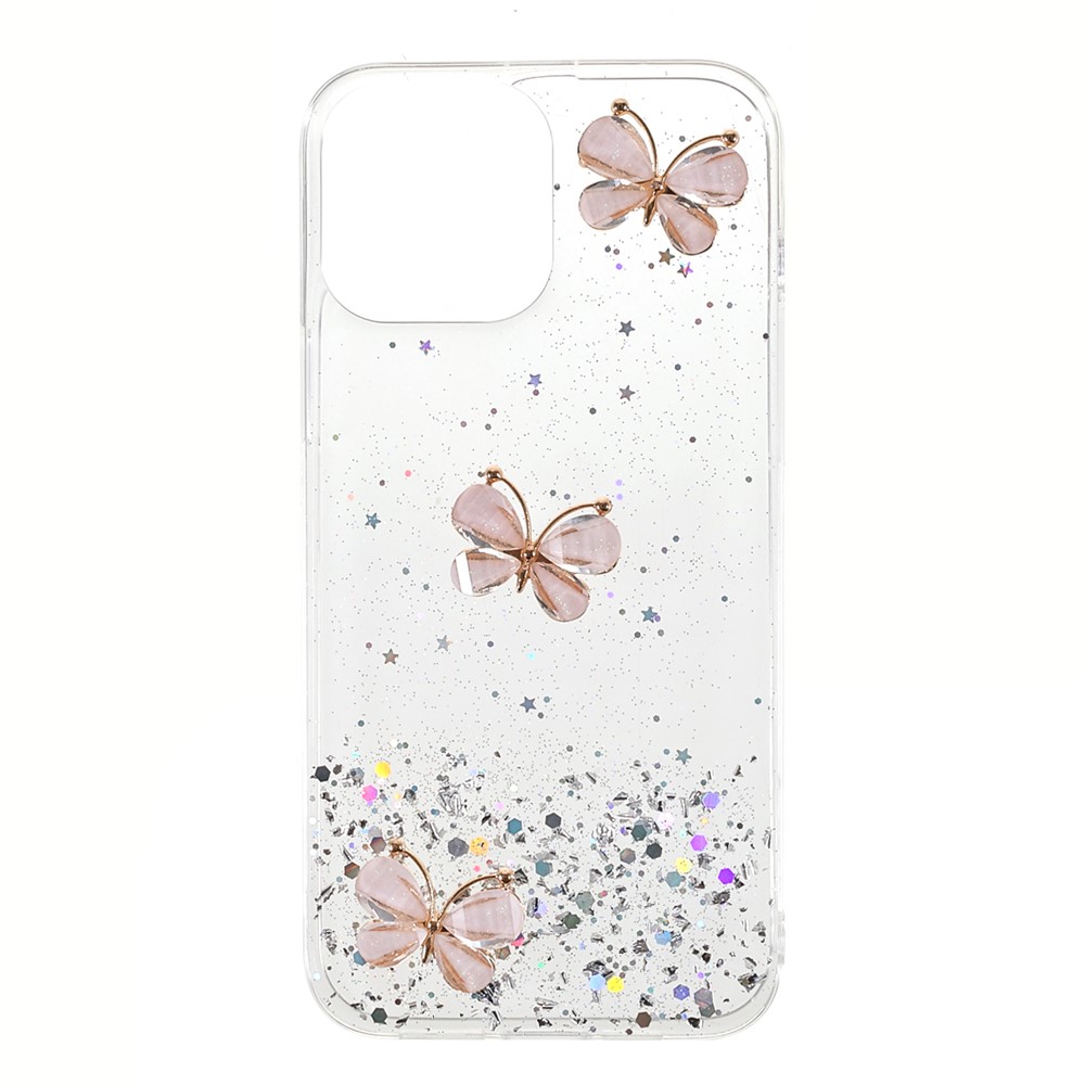 Sparkle Glitter 3D Butterfly Pattern Epoxy Soft TPU Phone Cover Case for iPhone 13 mini 5.4 inch - Transparent