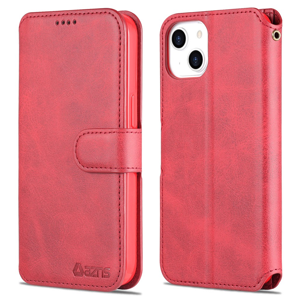 AZNS Magnetic Clasp Wallet Stand Design Anti-Scratch Lightweight Leather Phone Cover Case for iPhone 13 mini 5.4 inch - Red