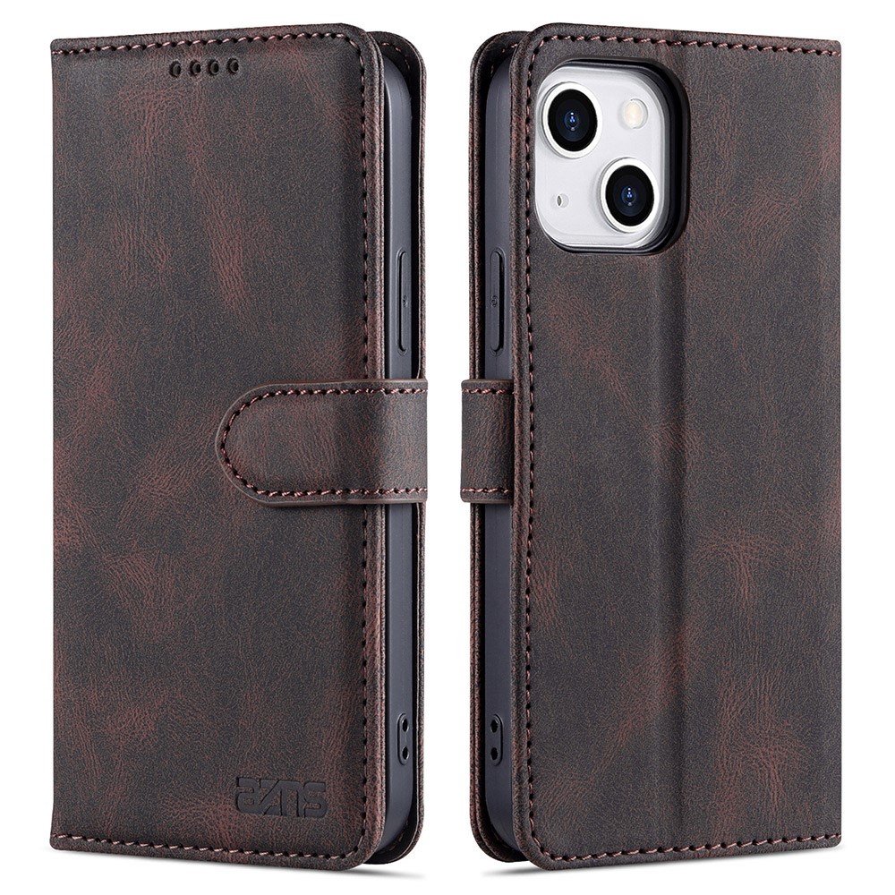 AZNS Wallet Stand Design Folio Flip Leather Phone Case Shell for iPhone 13 mini 5.4 inch - Brown