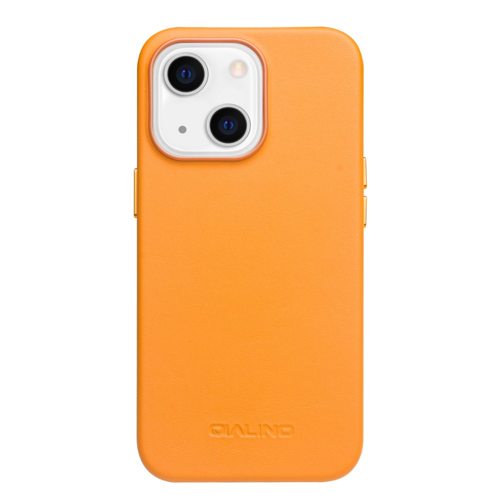 QIALINO Magnetic Absorption Cowhide Leather Coated Phone Case Protector Magnetic Charging for iPhone 13 mini 5.4 inch - Orange