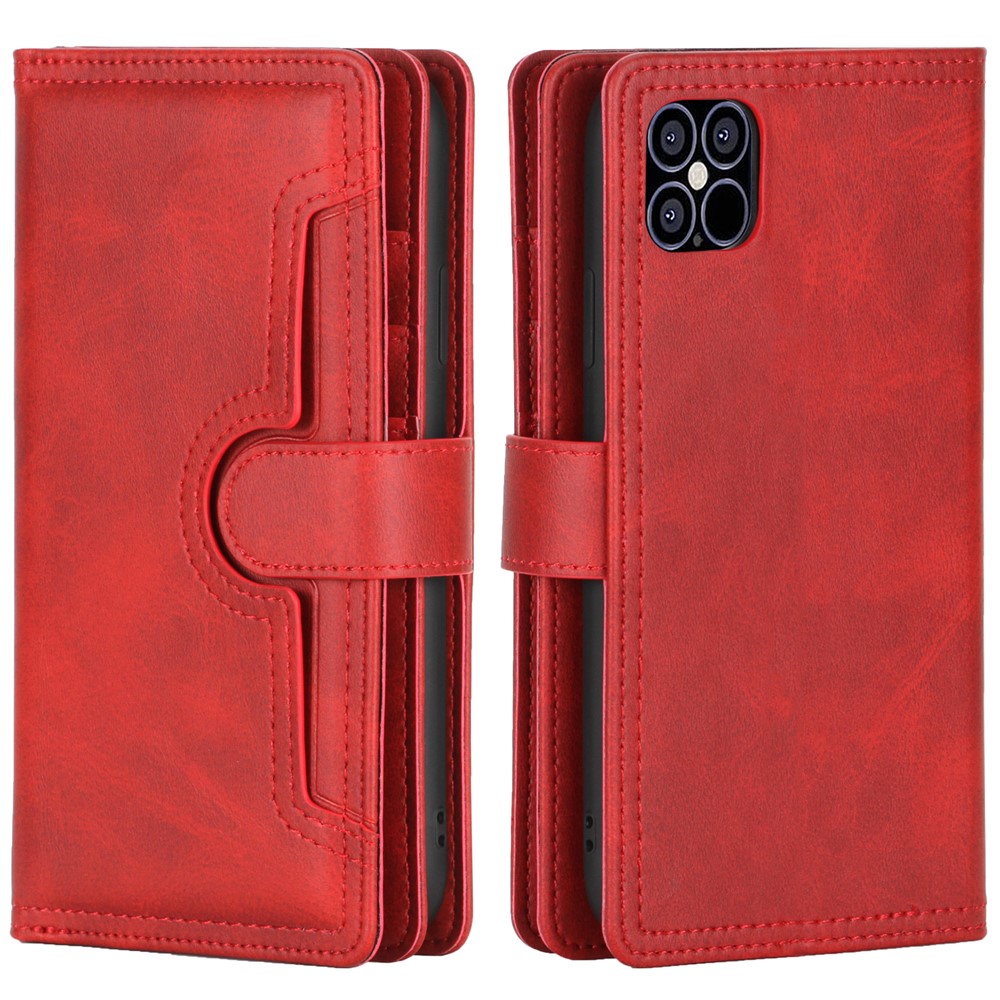 Multiple Card Slots Split Leather Stand Phone Case Shell with Wrist Strap for iPhone 13 mini 5.4 inch - Red
