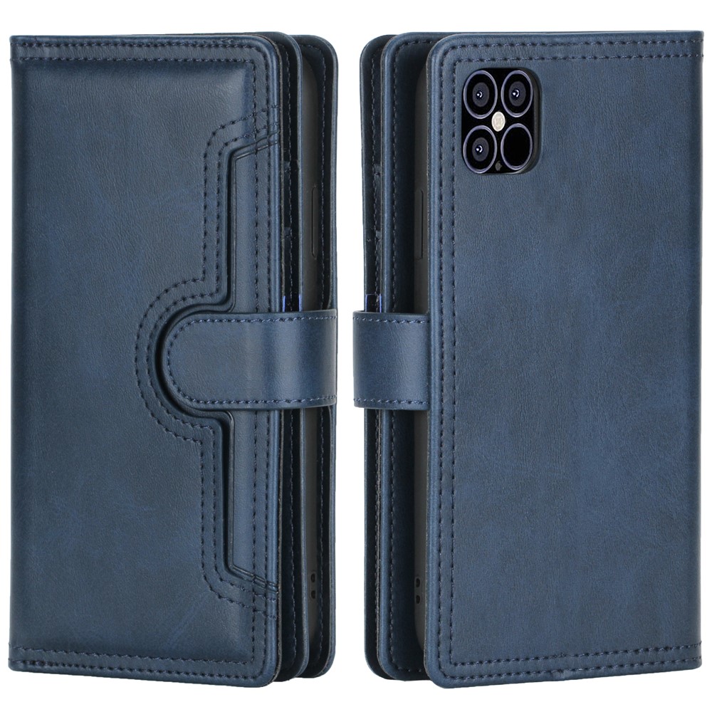 Multiple Card Slots Split Leather Stand Phone Case Shell with Wrist Strap for iPhone 13 mini 5.4 inch - Blue