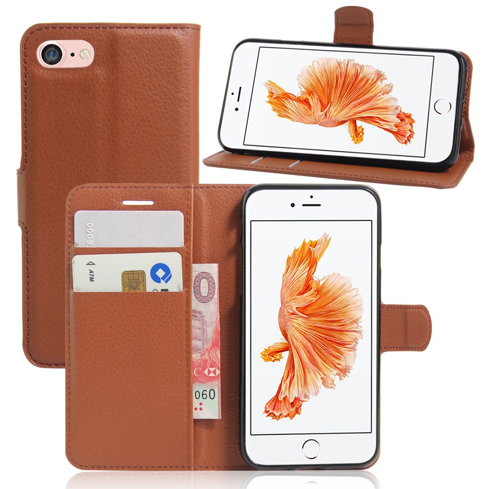 Portefeuille En Cuir De Grain De Litchi Pour IPhone SE (2e Génération) / 8/7 - Marron-1