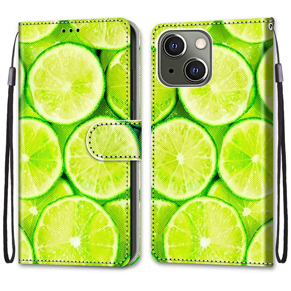 Pattern Printing Full Protection Leather Stand Case Shell for iPhone 13 mini 5.4 inch - Lime