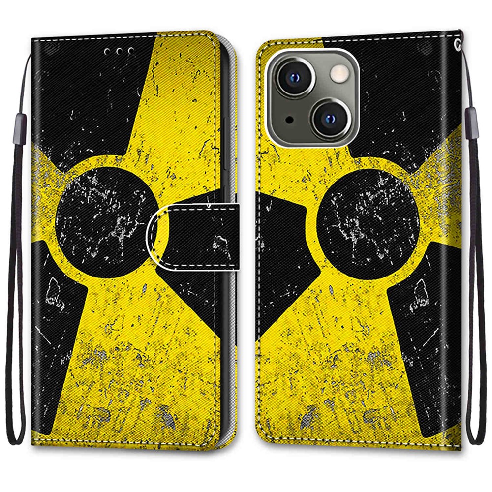 Pattern Printing Full Protection Leather Stand Case Shell for iPhone 13 mini 5.4 inch - Yellow Black Sign
