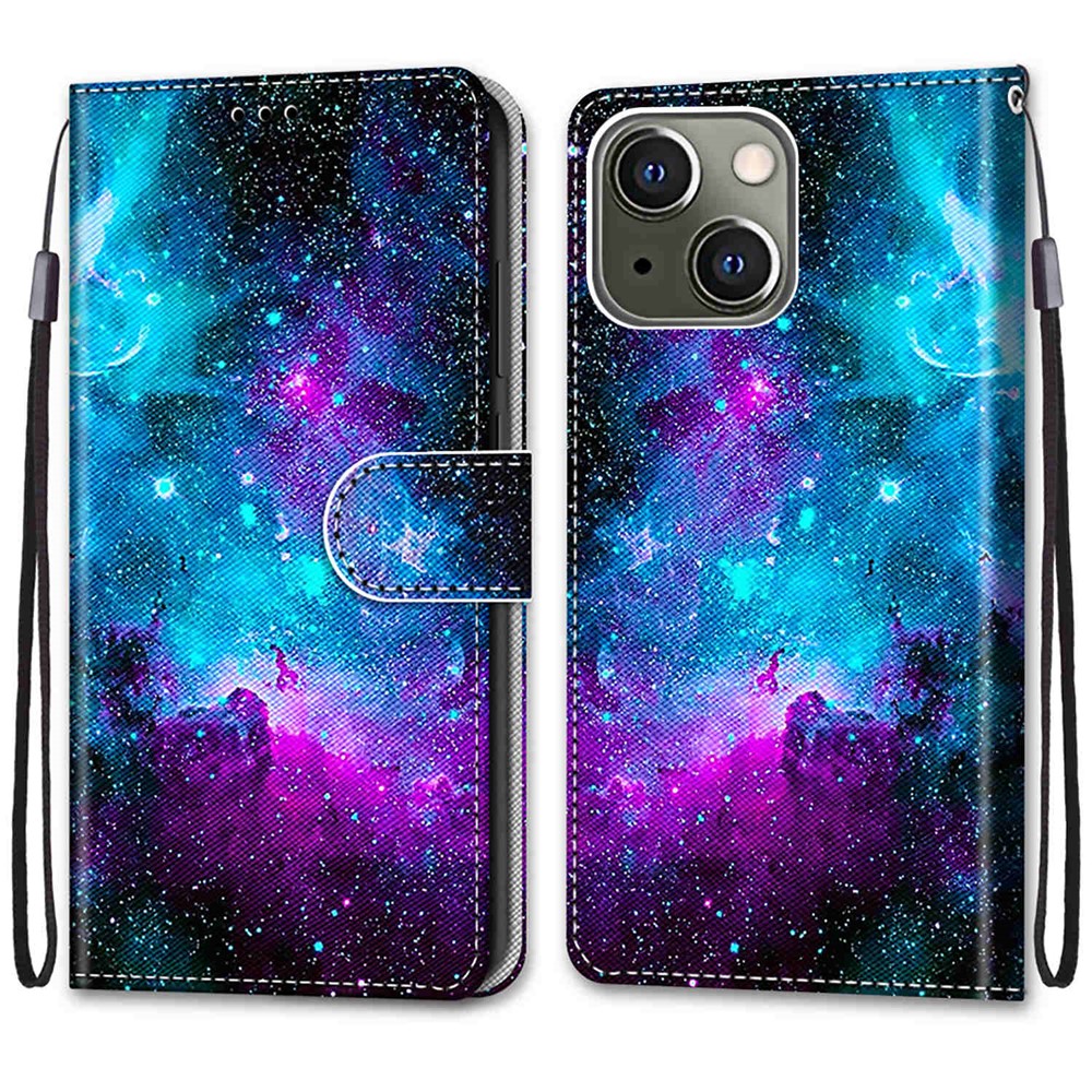 Pattern Printing Full Protection Leather Stand Case Shell for iPhone 13 mini 5.4 inch - Purple Green Starry Sky