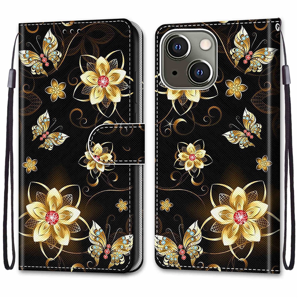 Pattern Printing Design Foldable Stand Leather Cover Wallet Phone Case with Handy Strap for iPhone 13 mini 5.4 inch - Golden Flowers and Butterflies