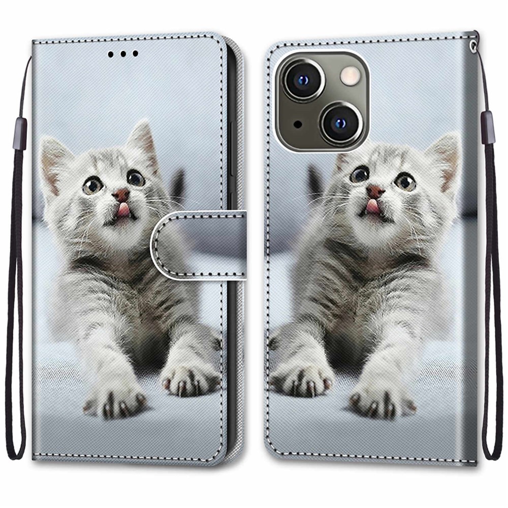 Pattern Printing Design Foldable Stand Leather Cover Wallet Phone Case with Handy Strap for iPhone 13 mini 5.4 inch - Grey Cat