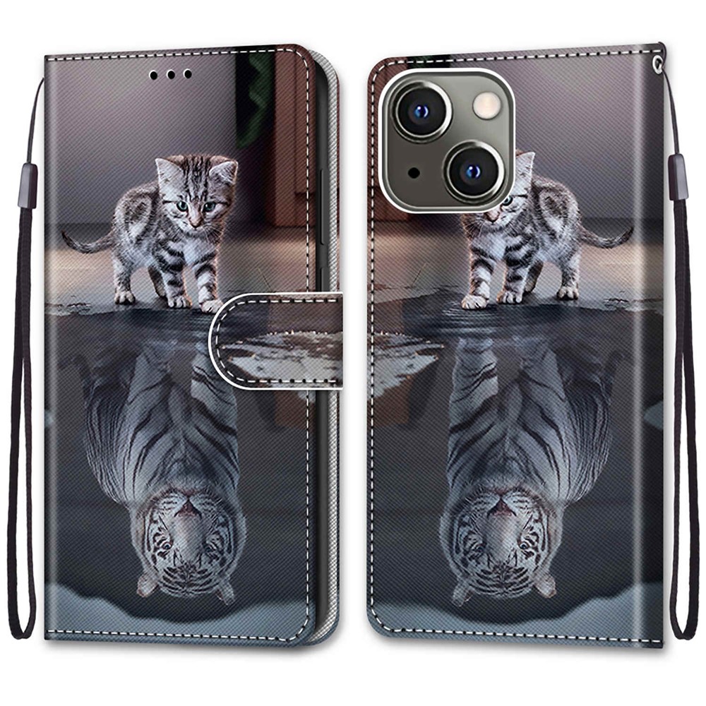 Pattern Printing Design Foldable Stand Leather Cover Wallet Phone Case with Handy Strap for iPhone 13 mini 5.4 inch - Cat/Tiger