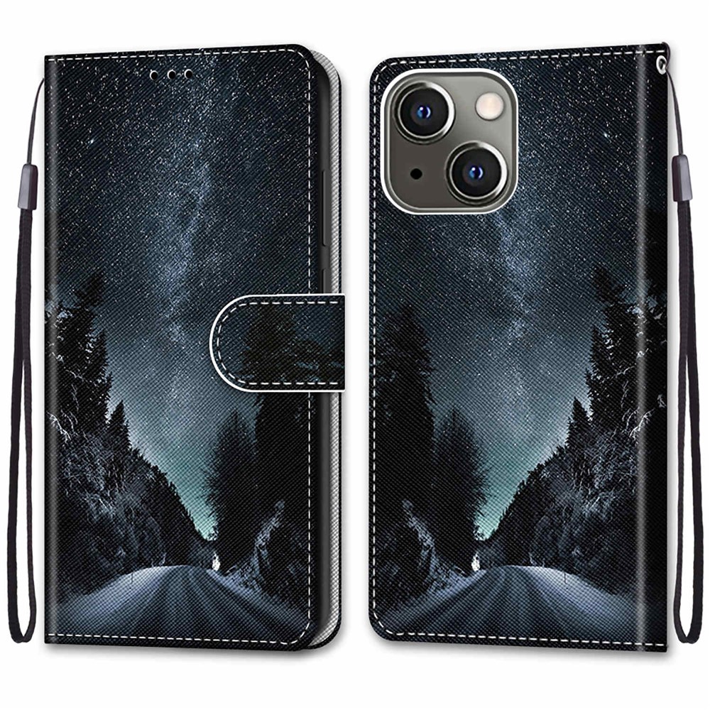 Pattern Printing Design Foldable Stand Leather Cover Wallet Phone Case with Handy Strap for iPhone 13 mini 5.4 inch - Starry Sky